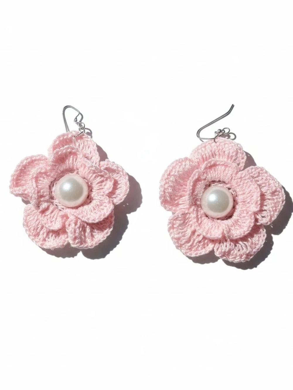 Women's Large Hand Knit Pearl Pink Floral Coquette Drop Earrings